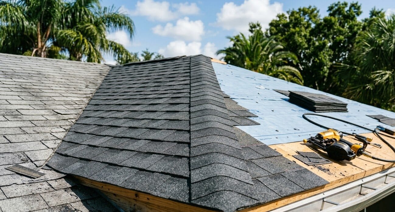 Storm-damaged roof being assessed for insurance claim in Hernando Beach, FL.