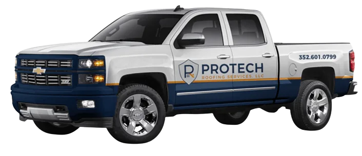 Protech Roofing service truck on-site for a residential project in Brooksville, FL.