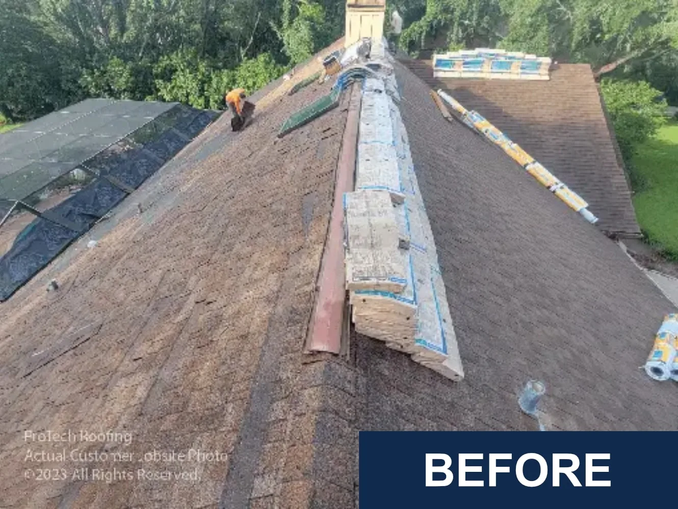 Severe shingle roof damage and deterioration in Brooksville, FL before restoration.
