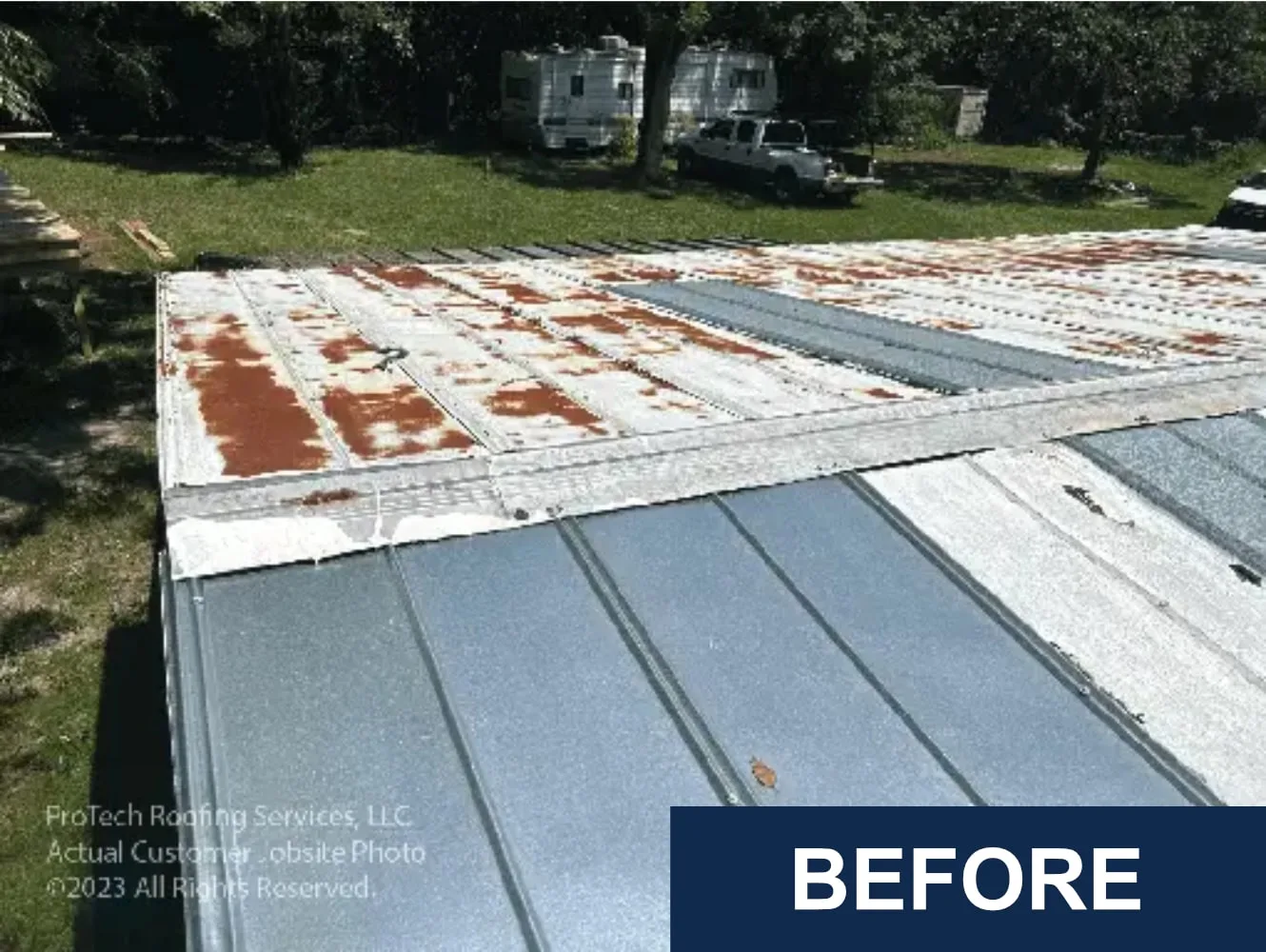 Rusted and unmaintained metal roof in Brooksville, FL requiring full replacement.