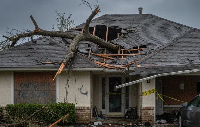 Shingle roof storm damage in Brooksville, FL with a fallen tree limb being repaired by Protech Roofing.